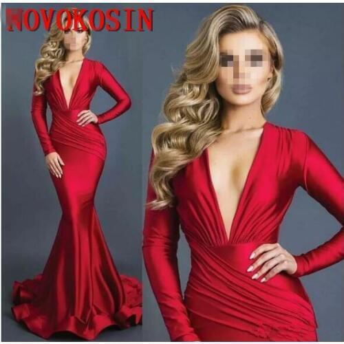 2019 Deep V Neck Long Sleeves Mermaid Evening Dresses Ruched Party Gowns Sweep Train Plus Size Prom Dresses robe de soiree