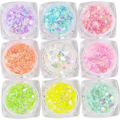 12Jar/9Jar Fluorescent Round Hexagon Mixed Nail Glitter SET 0.8MM-3MM Holographic Flake Candy/Chameleon Nail 3D ART Glitter MT71