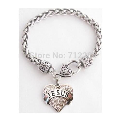 50pcs a lot best-selling heart Jesus with clear Crystal Lobster Claw Bracelet