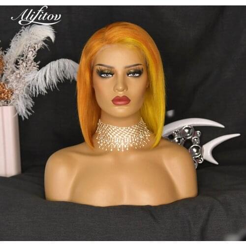 ALIFITOV Ombre Yellow Orange Lace Front Wigs Short Bob Wig Pre-Plucked Remy Hair Human Hair Wigs with Baby Hair For Women