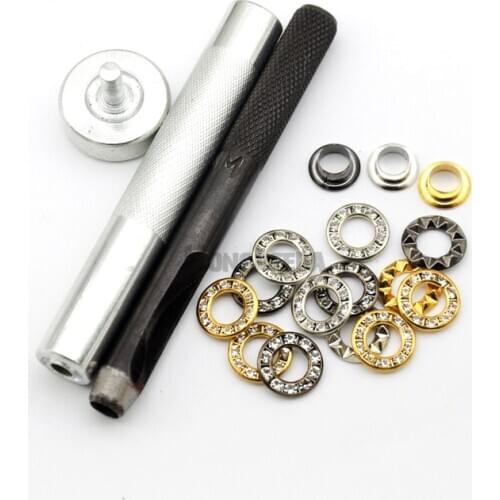 Free shipping DIY 1 sets hand press tools + 100sets/lot 3colors 12mm round metal brass rhinestone eyelets glass grommets