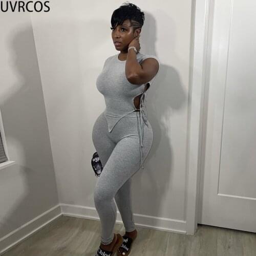 UVRCOS Pant Suits Summer Solid Knitted Fabric Two Piece Set Women Side Hollow Out Lace Up Simple Sport Workout Fitness Clothing