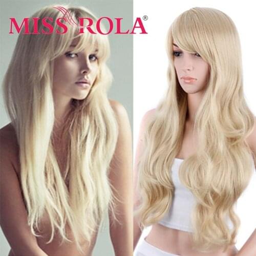 MISS ROLA Long Natural Wavy Platinum Blonde Wigs with Bangs Cosplay Party Lolita Synthetic Wigs for Women Heat Resistant