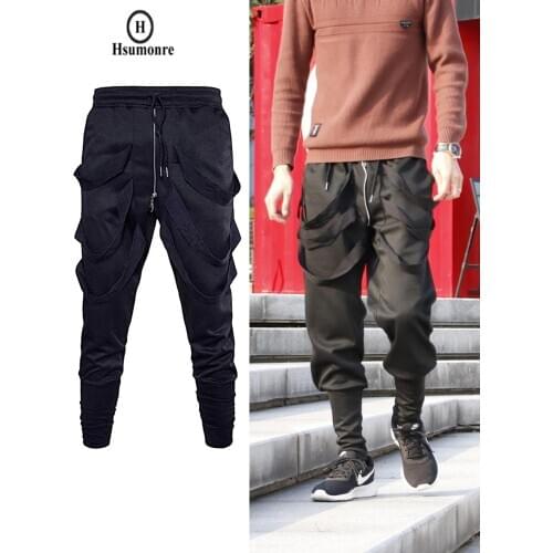 Men Tapered Drop Crotch Harem Pants Drawstring Hip-Hop Dance Joggers Sweatpants One Zipper Decor Streetwear Casual Black Cotton