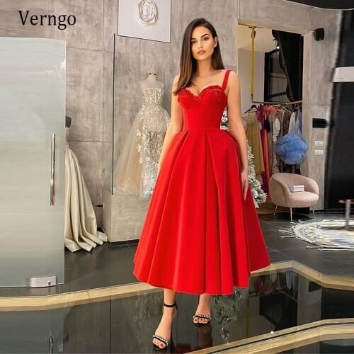 Verngo 2021 New Red Velour Evening Dresses Spaghetti Straps Fluffy Skirt Short Prom Gowns Tea Length Party Guest Reception Dress