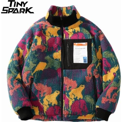 2021 Hip Hop Reversible Jacket Parka Colorful Animal Paint Camouflage Streetwear Men Harajuku Windbreaker Coat Fleece Winter Zip