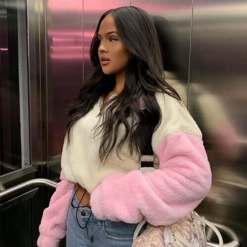 Fur Long Sleeve Zip Up Sweatshirt Women Autumn Winter Kawaii Clothes Fashion Crop Top Korean Streetwear