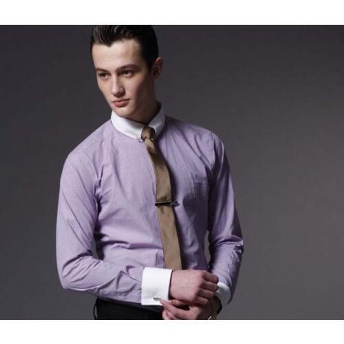 Wholesale Cotton high quality Men Shirt white collar light purple check business casual shirt Free shipping