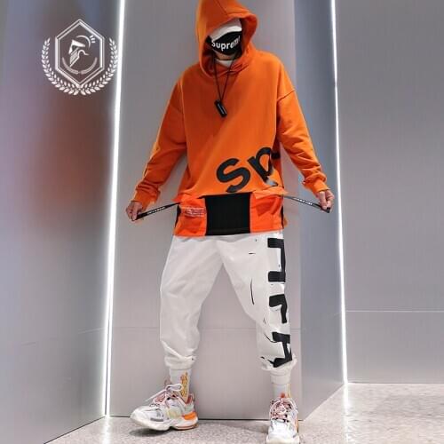 Men Loose Sweatshirts Fashion Print Hip Hop Sets with Hooded