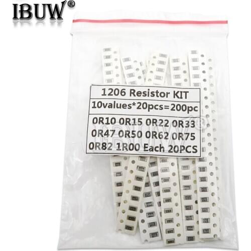 200PCS 1% 1206 SMD resistors assorted kit set ,10 valueX20pcs=200pcs 1R00 R820 R750 R620 R500 R470 R330 R220 R150 R100