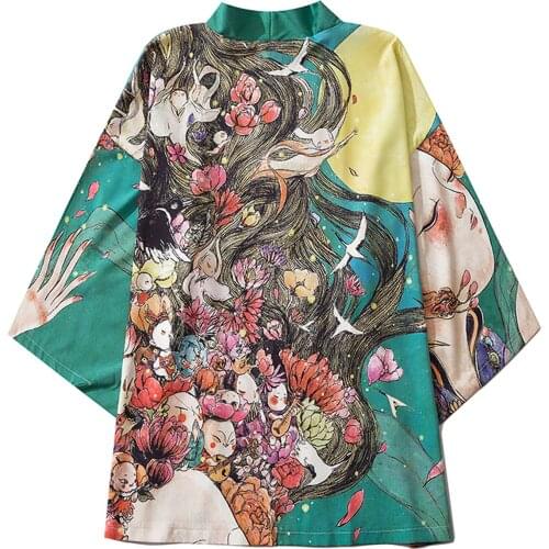 New Japanese Kimono Men Casual Loose Open Front 3/4 Sleeve Japanese Style Print Shirts Cover Up Cardigan Top Blouse Camisas