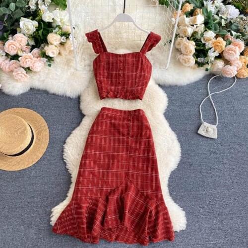 Popular Summer Women Short Spaghetti Strap Top and High Waist Ruffled Skirt One Set Classic Plaid Top and Skirt Set
