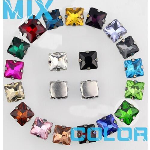 MIX COLOR Square Crystal Glass Sew-on Rhinestones with Claw DIY Womens Dresses and shose 20 colors ornament a dress or costume
