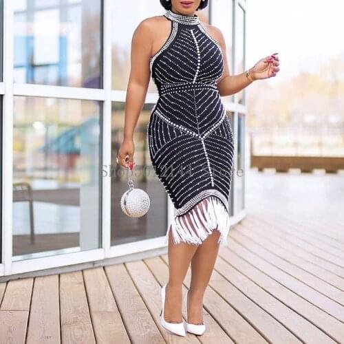 Sexy Dresses Party Night Club Halter Backless Women Mini Robe African Ladies Luxury Tight Beading Rhinestone Tassel Short Dress