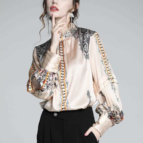 Silk shirt for women 2021 high end European lace collar and silk printed shirt