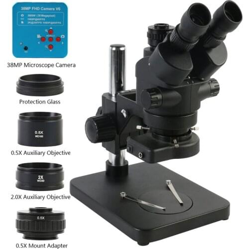 Black 7X-45X 3.5X-90X Simul Focal Zoom Trinocular Stereo Microscope + 0.5X 2X Auxiliary Lens + HDMI USB 38MP Video Camera