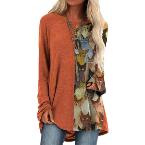 2020 Autumn New Women Kawaii Cats Print Patchworked Long Tshirts Casual Loose O-Neck Long Sleeve Cartoon T-shirt Streetwear Top