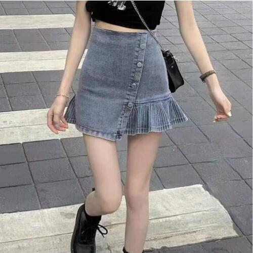 Spring Summer Fashion Korean Preppy Style Harajuku Denim Skirt Women High Waist Jeans Ladies Pleated Mini Short Skirts Y246