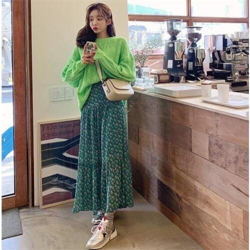 Vintage Korean Style Floral Print Ruffles Long Skirts 2020 Summer Women Pleated Skirt Streetwear Plus Size Maxi Skirt M-6XL 7XL