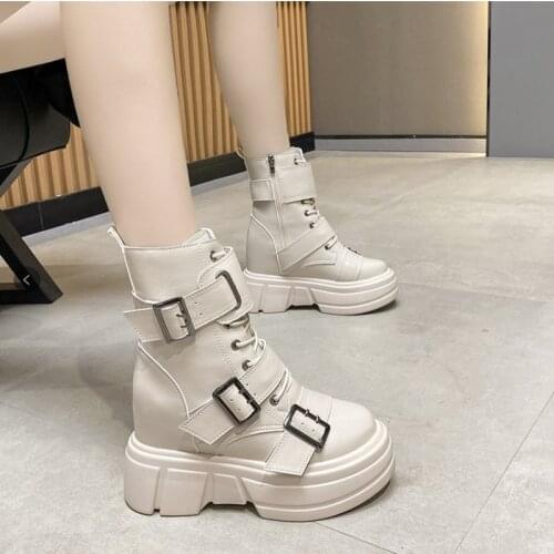 2021 Thick Heel Ankle Boots Chain Chunky Sneakers Women High Heels Autumn Woman Wedges Shoes Buckle Platform Punk Boots