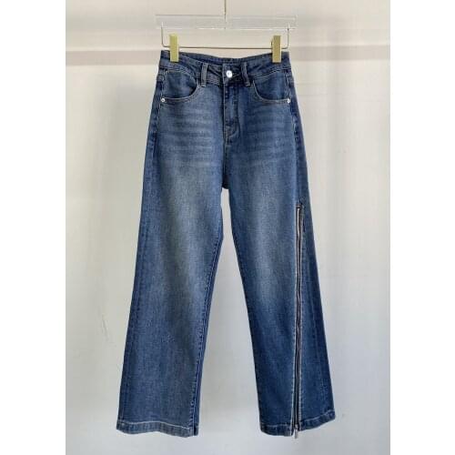 Ladies 2021 fashion new loose zipper hot drilling diagonal mid-high waist wide-leg jeans 0113