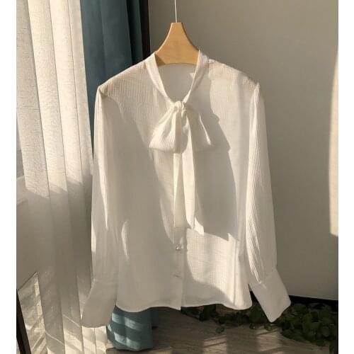 Ladies High-end Silk Jacquard Long Sleeve Top With Ribbon Ties - Women White/Black/Blue/Caramel/Navy Blouse Shirt On Sale
