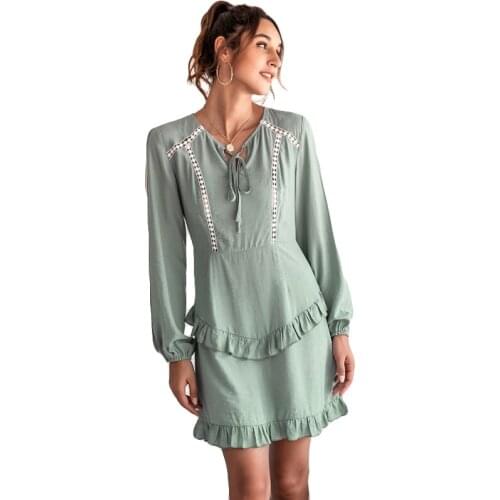 Layered Ruffle Dress Womens Pure Color Fresh And Sweet Puff Sleeve Women Dress 2021 High Waist Round Neck Casual Dress