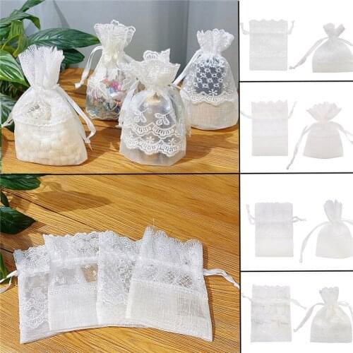 1pc 10x14cm White Feather Lace Drawstring Pocket Bag Drawstring Bags Slub Yarn Bag Gift Bags Jewelry Candy Packaging Pouch Bags