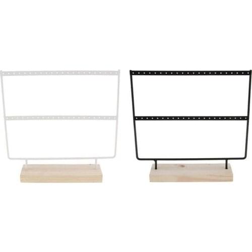 2x Wood 44 Holes Earrings Organizer Holder Necklaces Rack 2 Layers Jewelry Display Stand(White&Black)