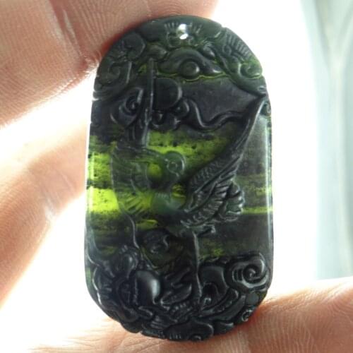 48*30Wholesale natural Chinese black green stone hand-carved statue of red-crowned crane amulet pendant necklace Jewelry Making