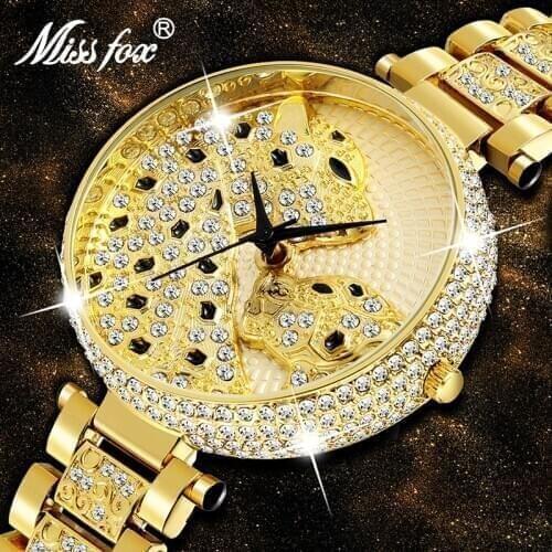 MISSFOX 2 Black Leisure Leopard Play Face Lucky Clouds Band With Full CZ Diamond Waterproof Quartz Iced Out Luxury Women Watches