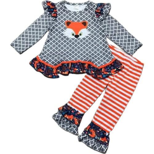 Girlymax Fall/winter Baby Girls Children Kids Clothing Fox Floral Flower Ruffles Clothes Boutique Stripe Pants Sets Outfits