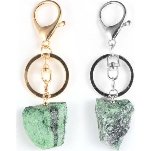 Natural Irregular Red Green Stone Metal Lobster Clasp Key Rings Key Chain Lucky Gem Stone Yoga Reiki Healing Keychain Jewelry