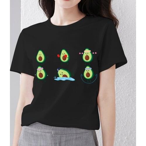 New Women T-Shirts Summer Black Printed Tshirt for Lady Casual Tops Kawaii Cartoon Fruit Avocado Graphic Tees Short Sleeve Tops