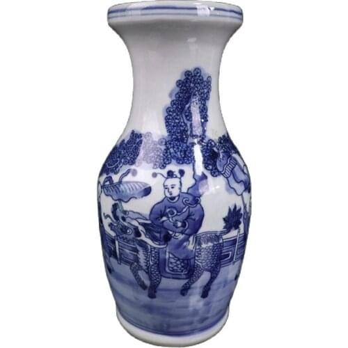Chinese Old Porcelain Blue And White Kylin Flower Vase With Figure Design