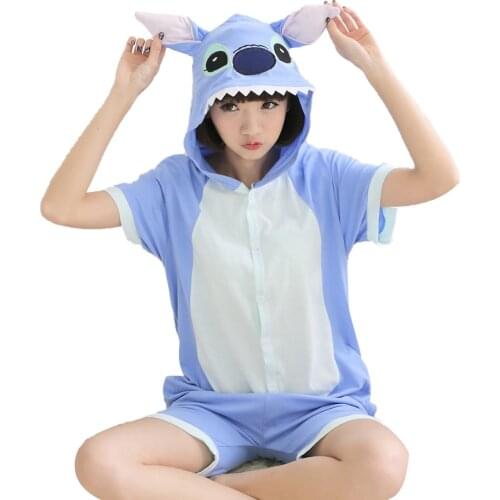 Summer Short Sleeve Kigurumis Anime Blue Onesie Cute Funny Suit Adult Women Girl Couple Pajama Cotton Hooded Jumpsuit