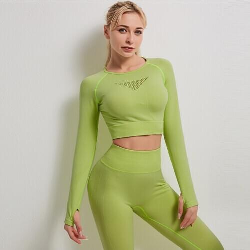 Yoga Set Women Sport Suit Gym 2 Piece Seamless Hollow Out Fitness Long Sleeve Crop Top High Waisted Workout Leggings Sportwear