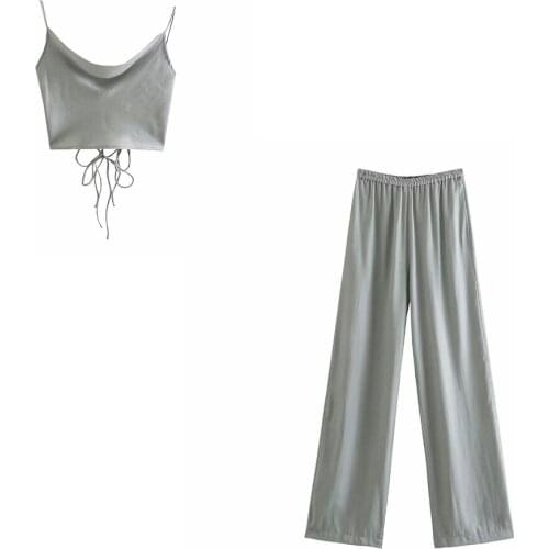 XIKOM Women Satin Solid V Neck Slim Spaghetti Strap Top Female Elastic High Waist Trousers Ladies Streetwear Two Pieces Set