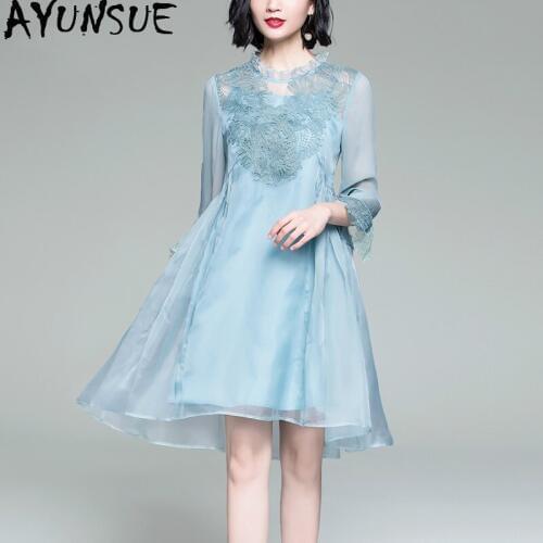 Summer 100% Silk Dress Women Pink Embroidery Dress Elegant Party Ladies Dresses Korean Boho Midi Vestidos Verano 2020 KJ1983