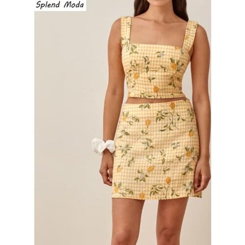Splend Moda 2021 Elastic Back Crop Top French Prairie Chic Sweet Plaid Lemon Print Camisole + A-Line Mini Skirt Women Summer