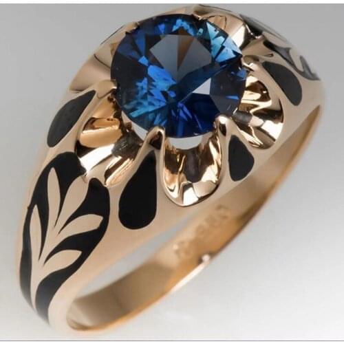 Vintage Engarving Pattern Inlaid Blue Crystal Zircon Rhinestone Male Ring for Men Anniversary Jewelry Hand Accessories