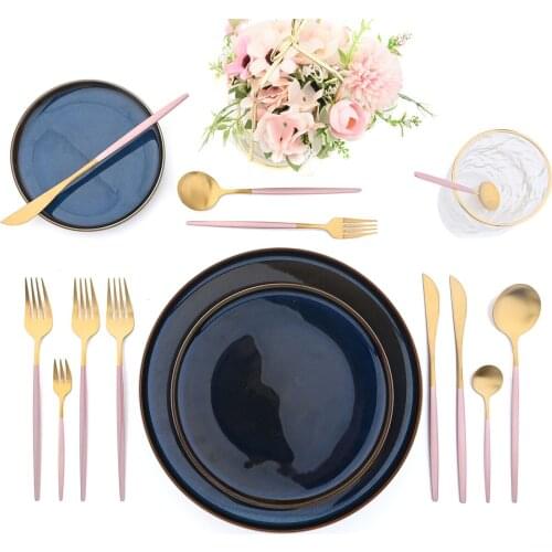 JANKNG Gold Cutlery Set Forks Spoons Knives Flatware Set Cutlery Stainless Steel Silverware Pink Dinnerware Set Service for 6