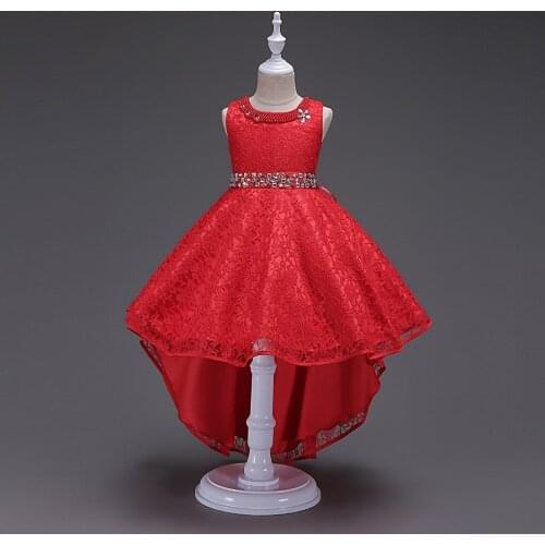 New Kids Tailing Dress for Girls Christmas Princess Dresses Pearl Inlay Red Tail Lace Dress Girls Princess Dresses for Party