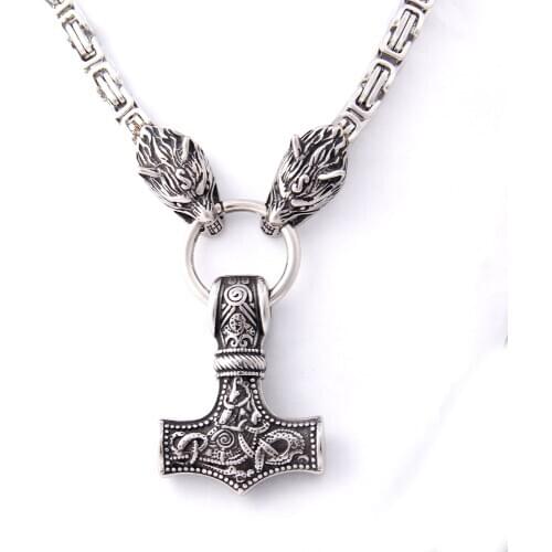 Viking Thor Thor hammer pendant necklace titanium steel wolf head chain necklace Viking Retro jewelry