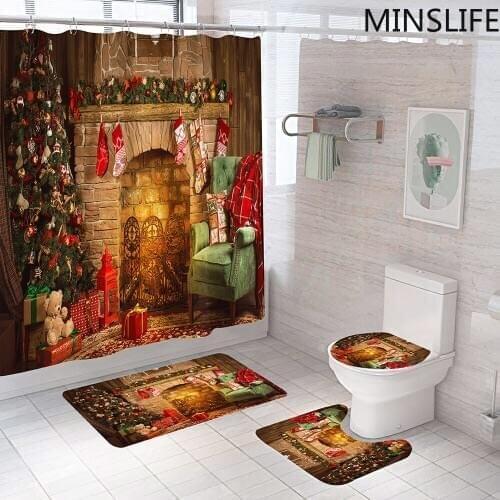 Holiday Bathroom Sets Fireplace Gifts Christmas Trees Pattern Shower Curtain Bath Curtains Non Slip Toilet Cover Floor Mat Rugs