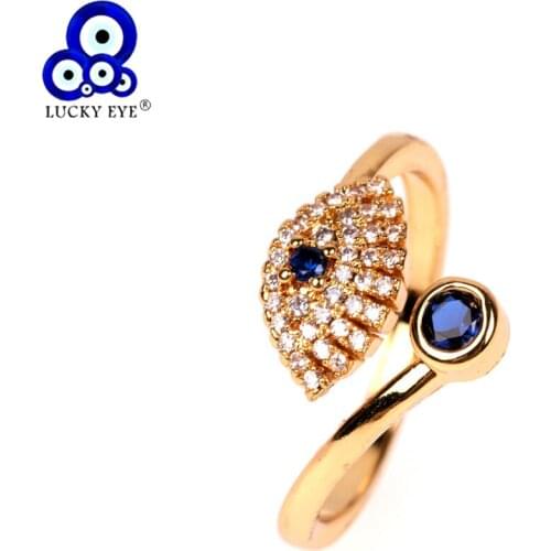 Lucky Eye Blue Zircon Turkish Evil Eye Open Ring Gold Color Copper Wedding Band Ring for Women Girls Fashion Jewelry LE510