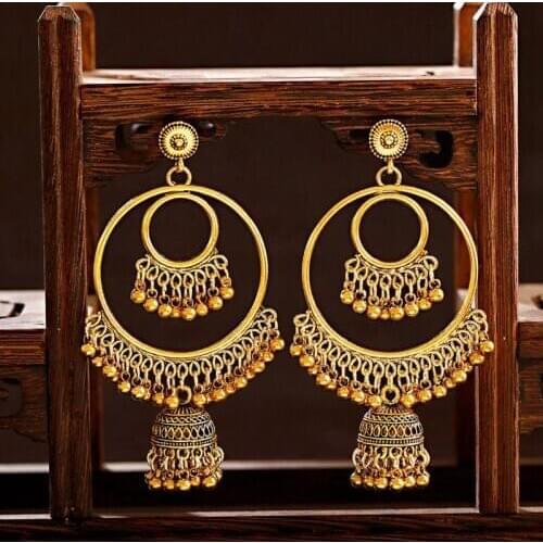 Vintage Sector Gold Tassel Jhumka Earrings Women Carved Turkish Silver Color Bells Indian Turkey Jewelry Ladies Bijoux