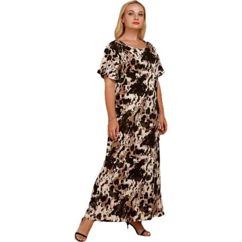 XL To 4XL Plus Size Dress Women Robes Short Sleeve Print Summer Dresses O-neck Short Sleeve Long Maxi Dress T0139