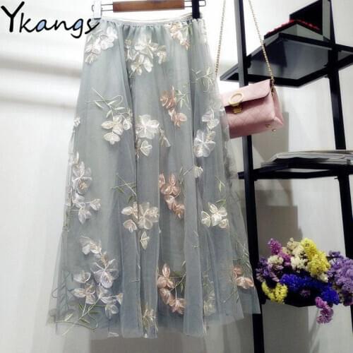 Floral Embroidery A-line Tutu Lace Mesh Skirt Women Elegant Tulle Long Pleated Skirt Female Summer Midi Skirt Streetwear saia
