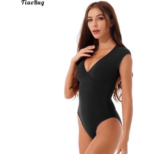 TiaoBug Women Ballet Dance Gymnastics Leotard V Neck Sleeveless Removable Bust Pads Back Buckle Closure Open Back Jumpsuit